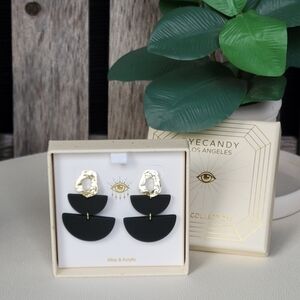 Eye Candy alloy & black acrylic semi circle dangle brass post back earrings
